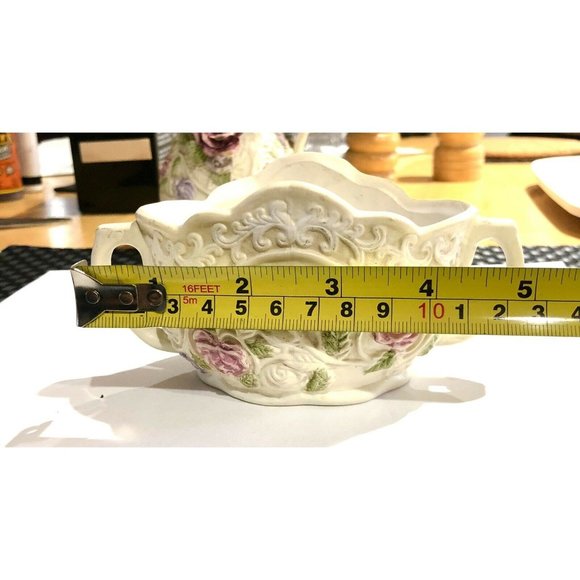 Ceramic Open Sugar Bowl and Creamer With Embossed Roses - Picture 7 of 10